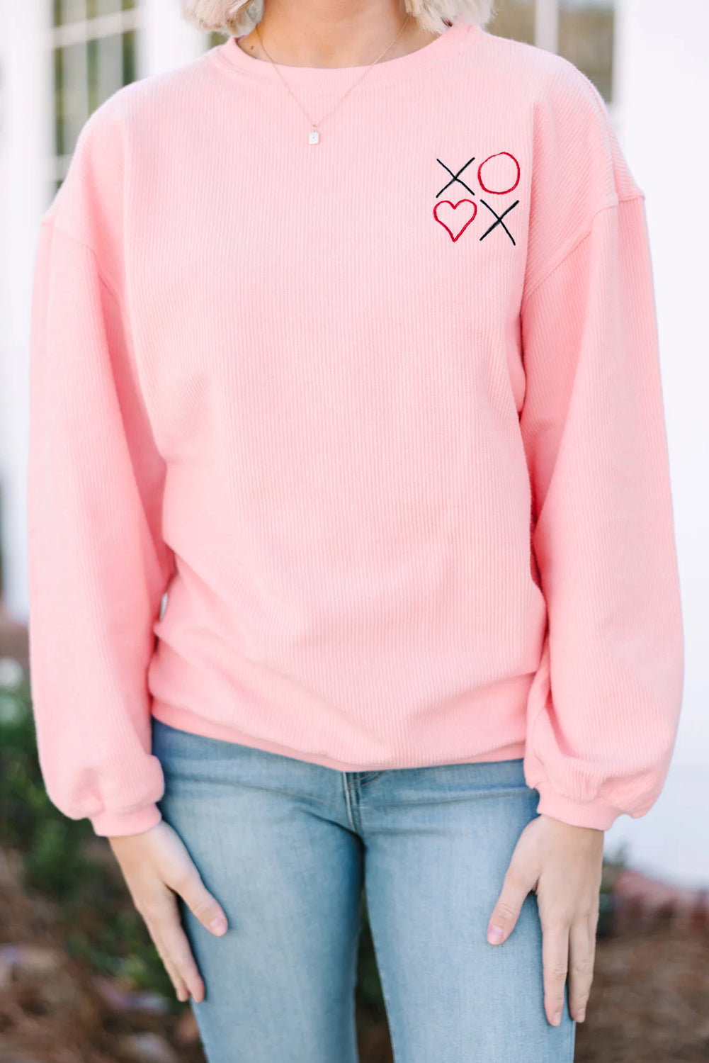 Pink 3d Ribbed XOXO Heart Embroidered Drop Shoulder Sweatshirt