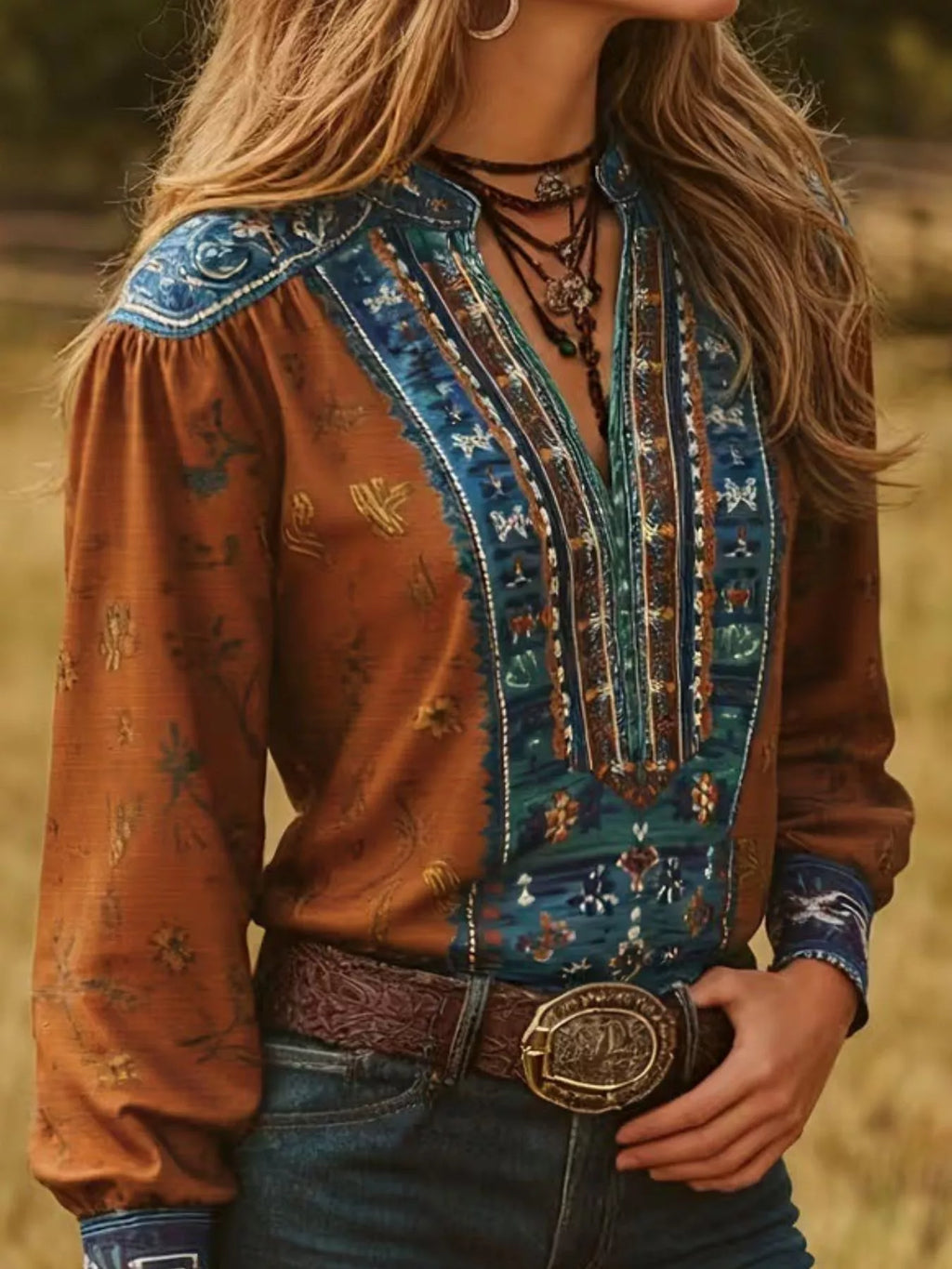 Printed Notched Long Sleeve Blouse