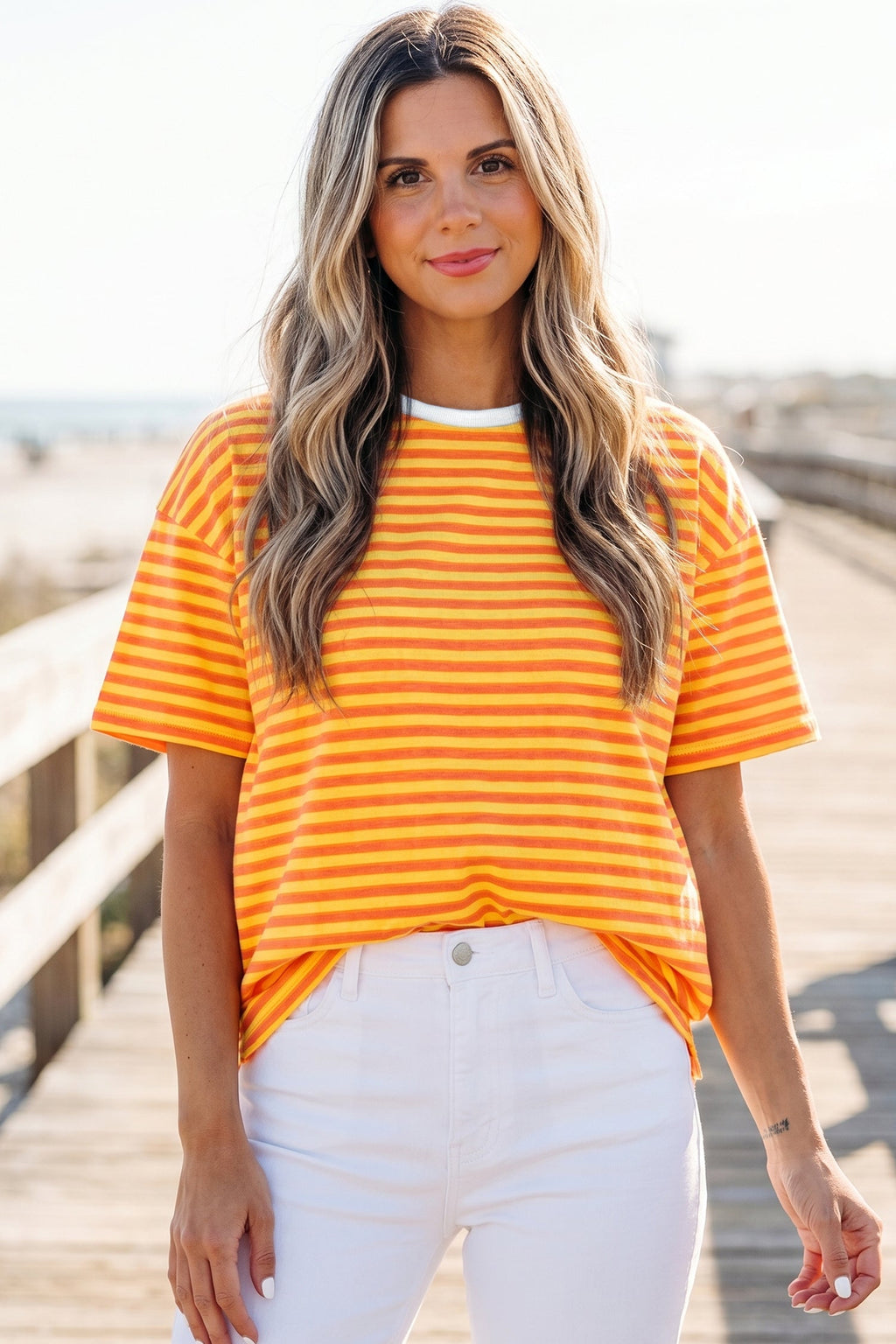 Orange Stripe Contrast Crew Neck Drop Shoulder Loose Tee