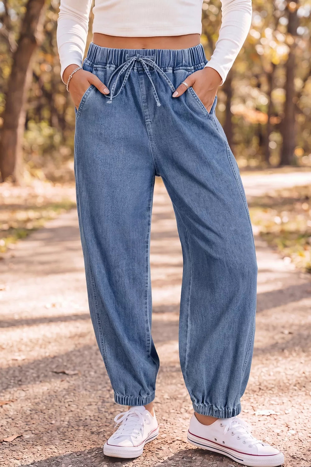 Elastic Waist Harem Ankle Length Jeans