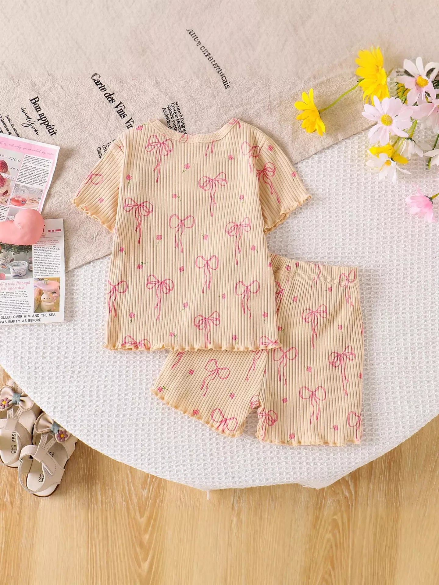 Children's Bow Ribbed Knit Top and Shorts Set