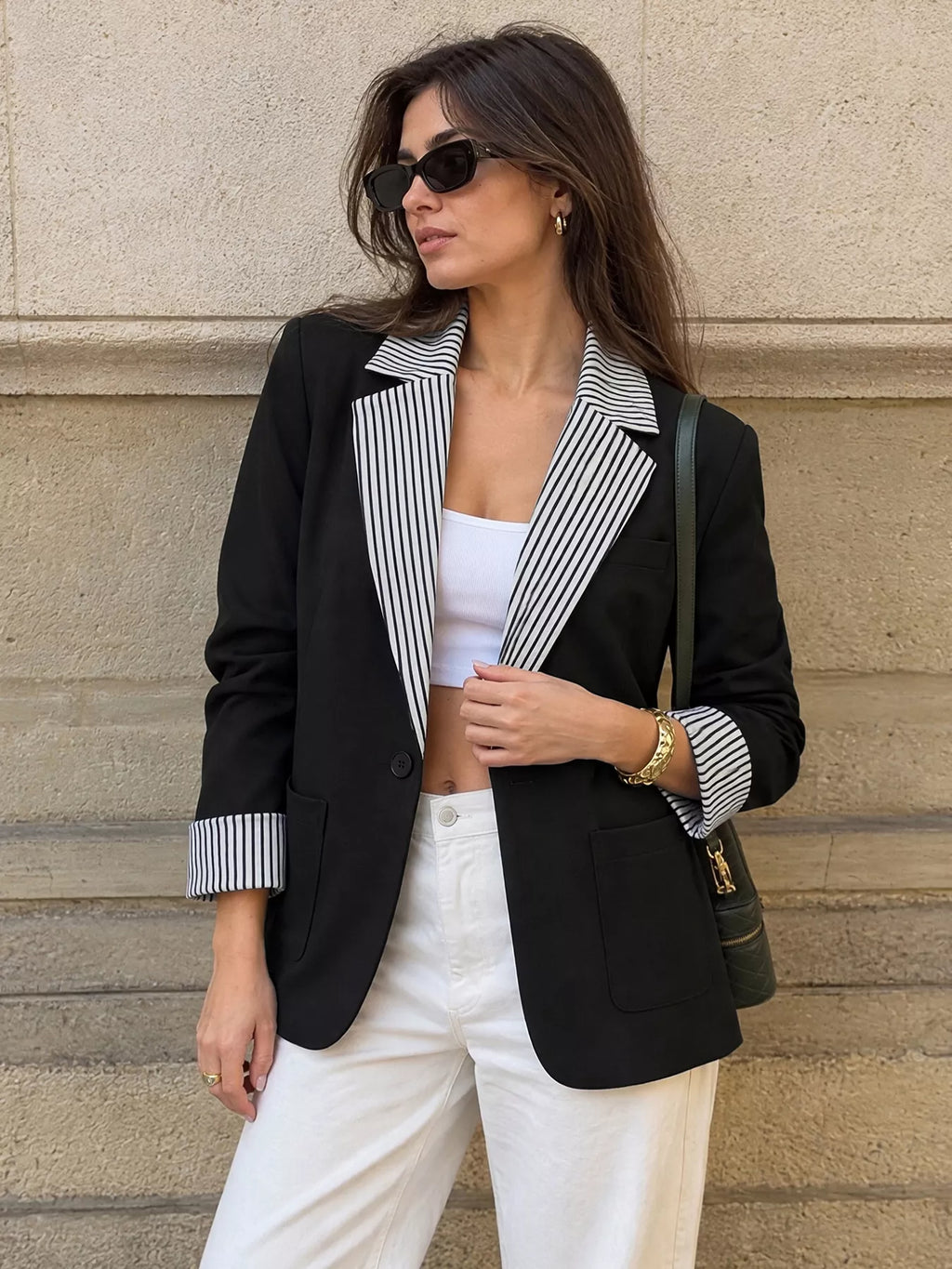 Contrast Striped Lapel Collar Blazer