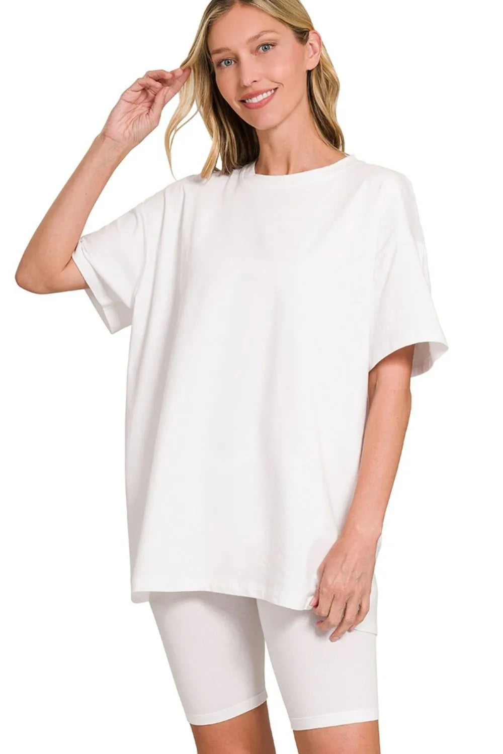 Cotton Round Neck Oversized Top and Biker Shorts Set