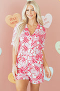 Pink Heart Print Shirt Style Silky Short Pajama Set
