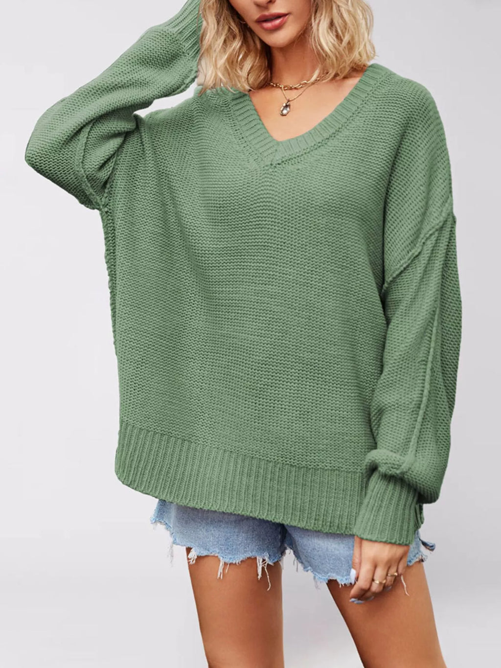V-Neck Loose Knit Drop Shoulder Sweater