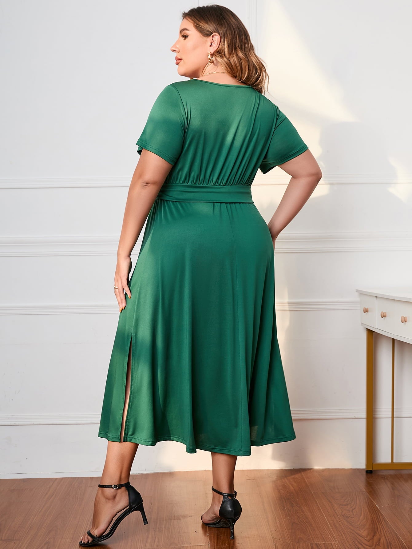 Short Sleeve Surplice Neck Midi Dress