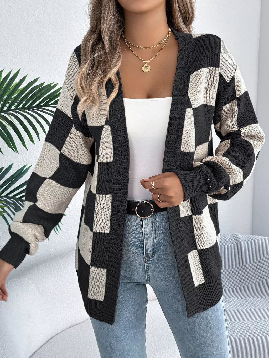 Oversized Checkered Open-Front Knit Cardigan