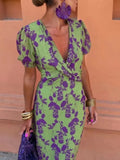 Full Size V-Neck Puff Sleeve Floral Print Dress Plus Size
