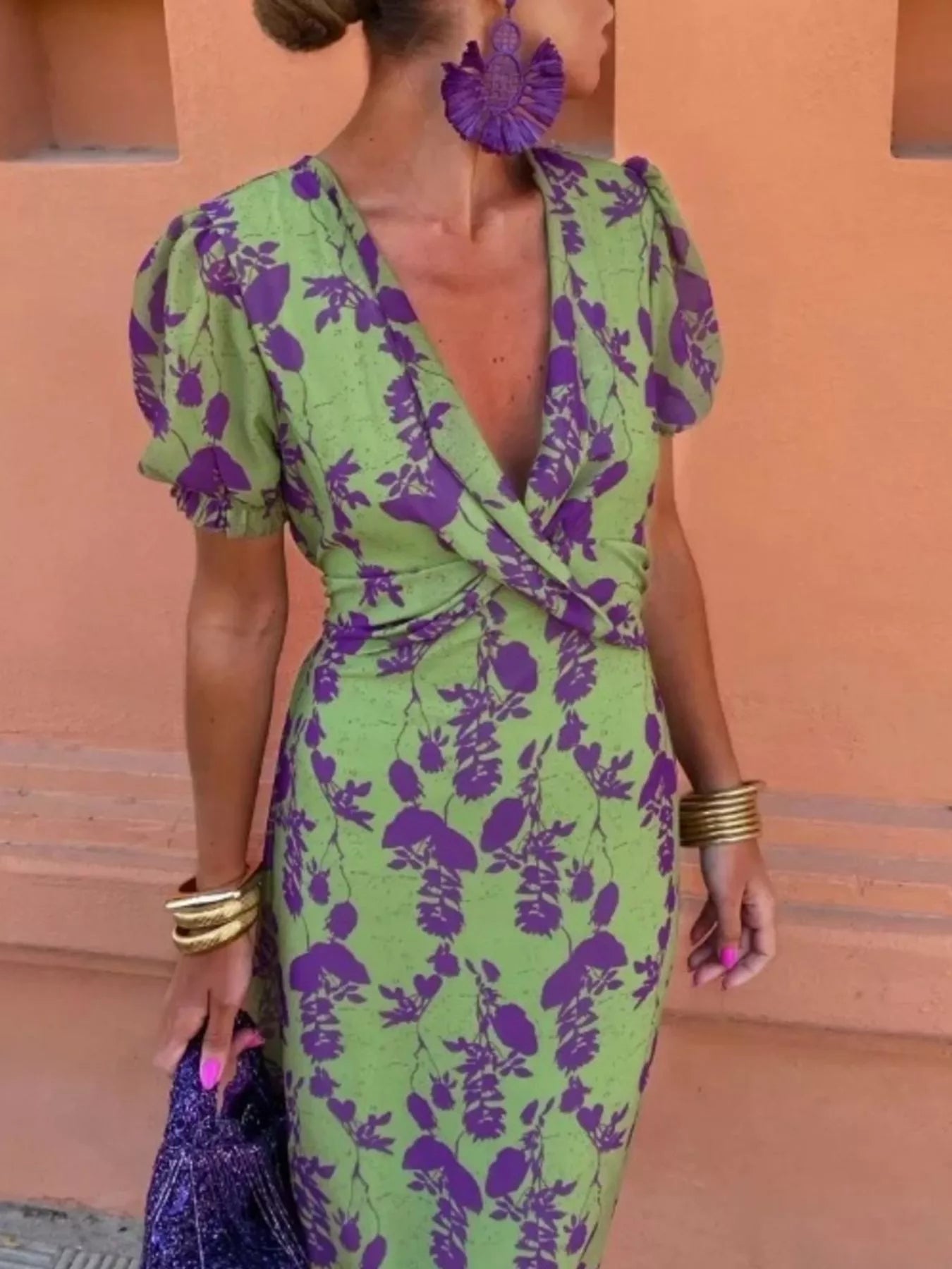 Full Size V-Neck Puff Sleeve Floral Print Dress Plus Size