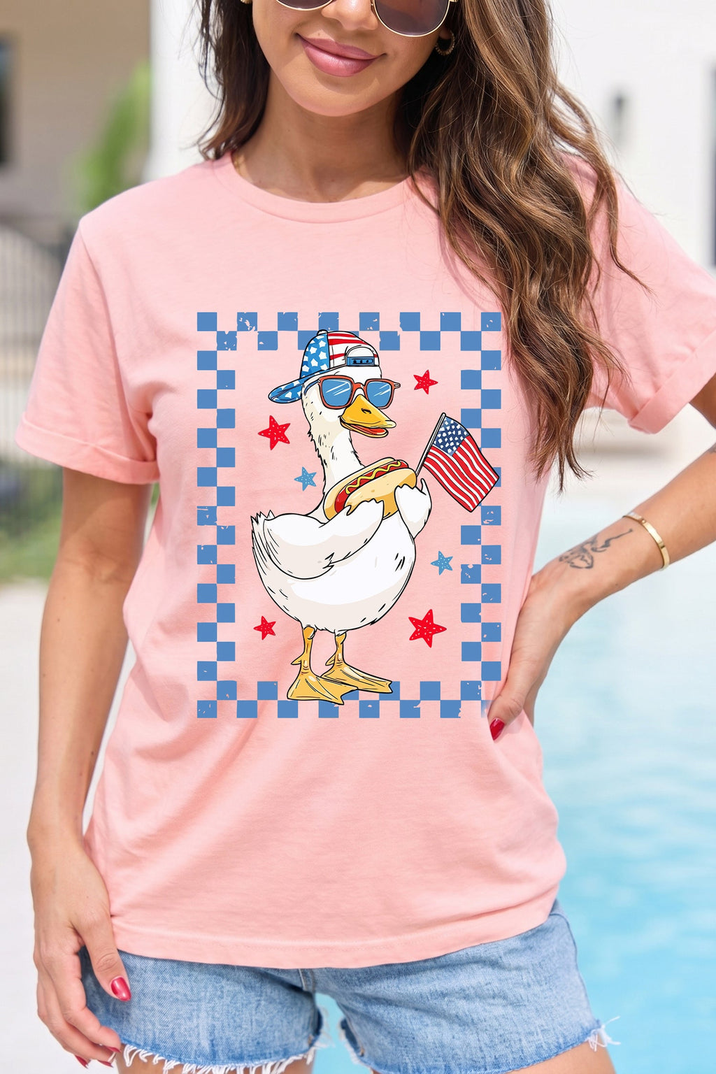 Pink America Goose 4th Of July Patriotic Flag Graphic T Shirt