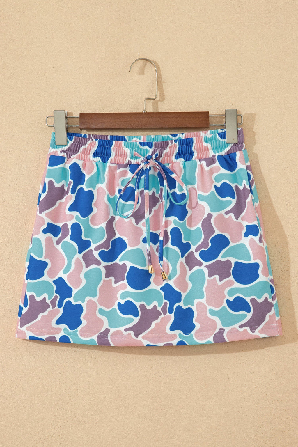 Sky Blue Abstract Camo Elastic Waist Drawstring Mini Skort