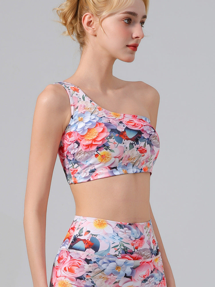 Sexy Fashion One-Shoulder Printed Yoga Vest With Chest Pads And Sports Fitness Cropped Pants