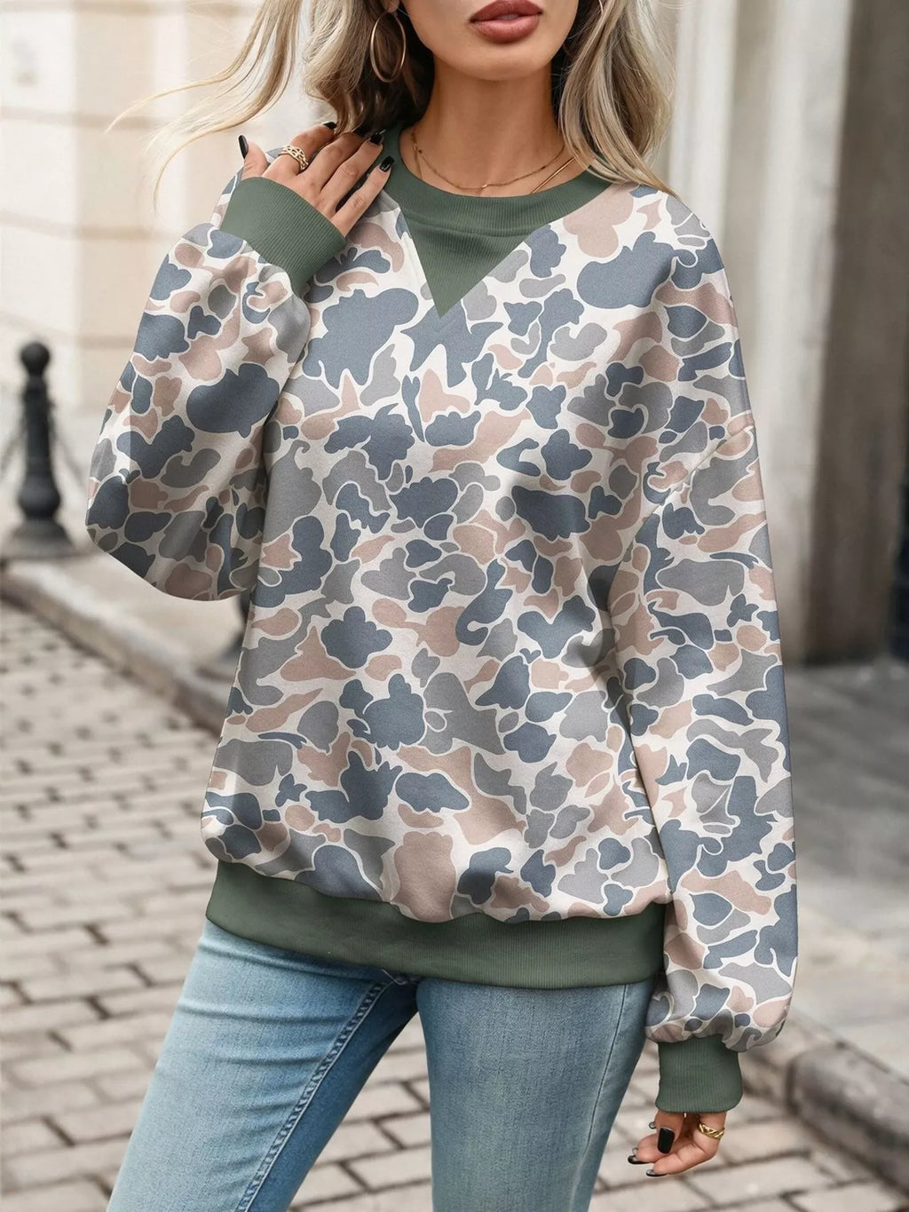 Leaf Print Sweatshirt with Contrasting Trim