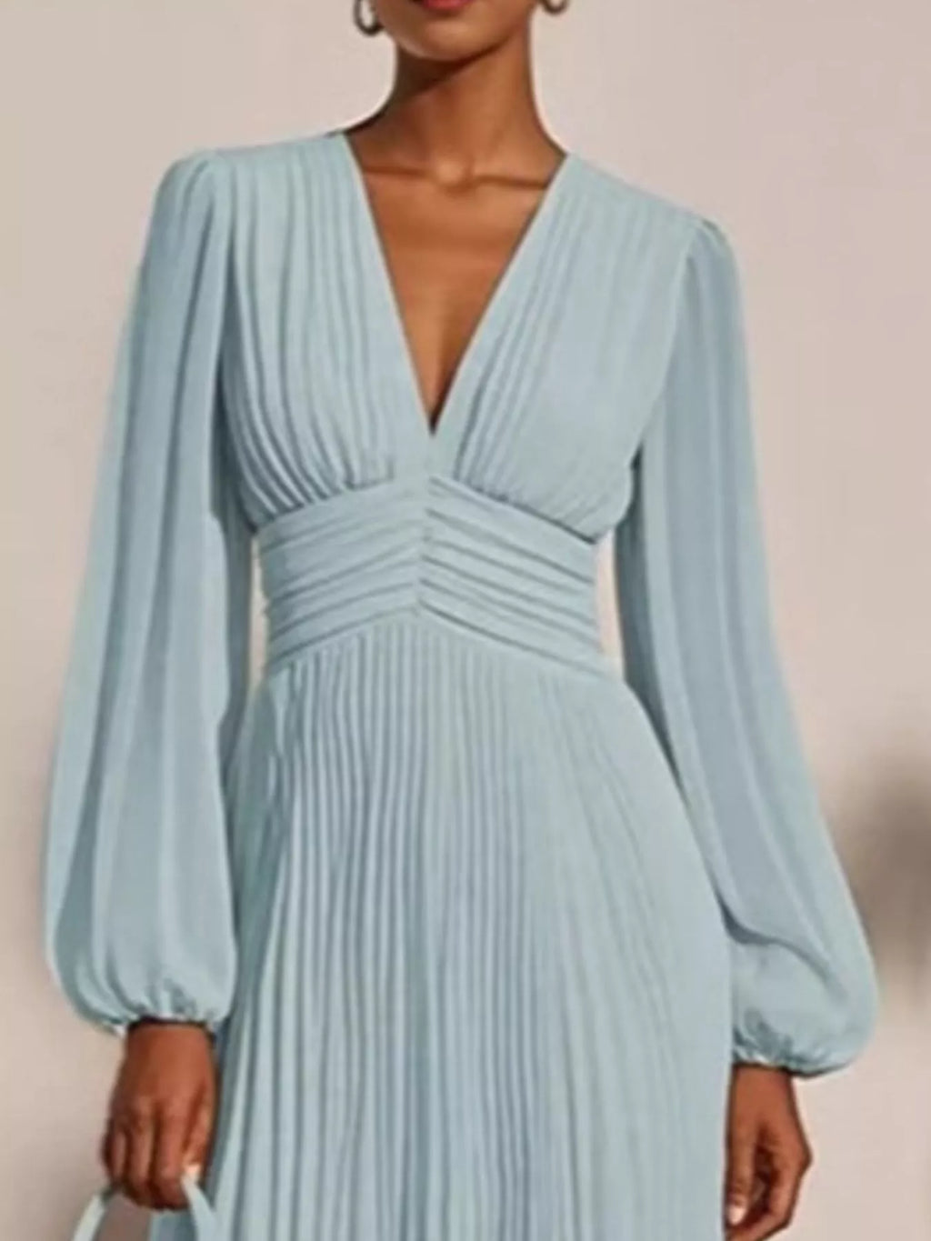 Pleated V-Neck Chiffon Midi Dress