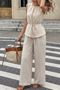 Pleated Sleeveless Top and Wide-Leg Pants Set
