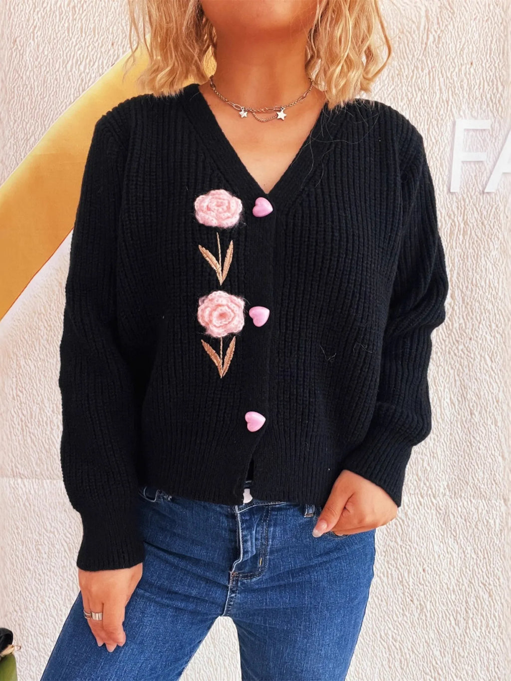 Flower V-Neck Button Up Cardigan