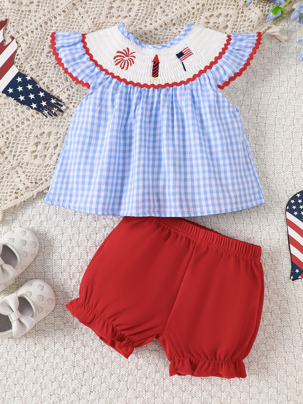 Children's Patriotic Embroidered Gingham Top and Shorts Set