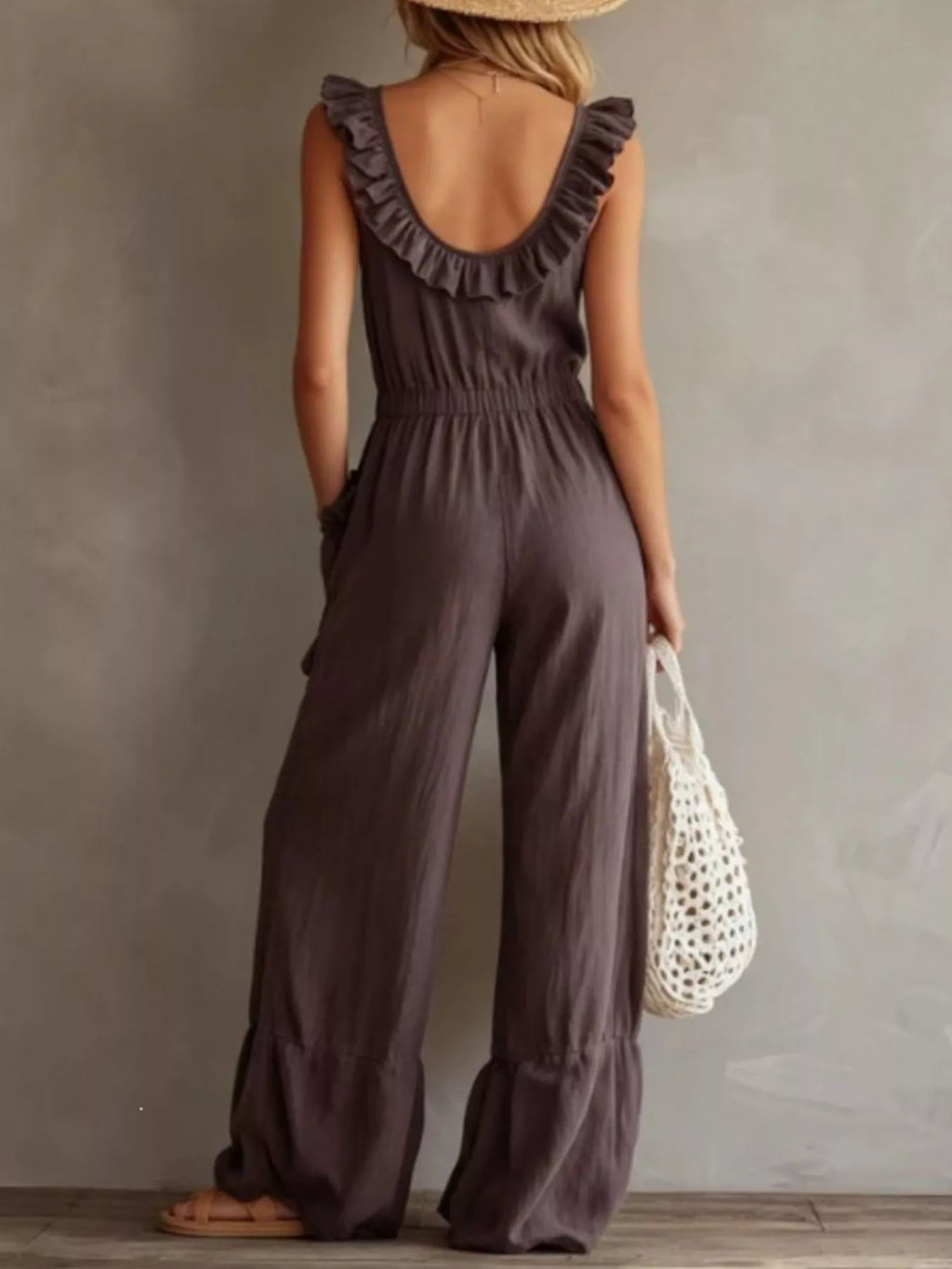 Ruffled V-Neck Wide Leg Jumpsuit