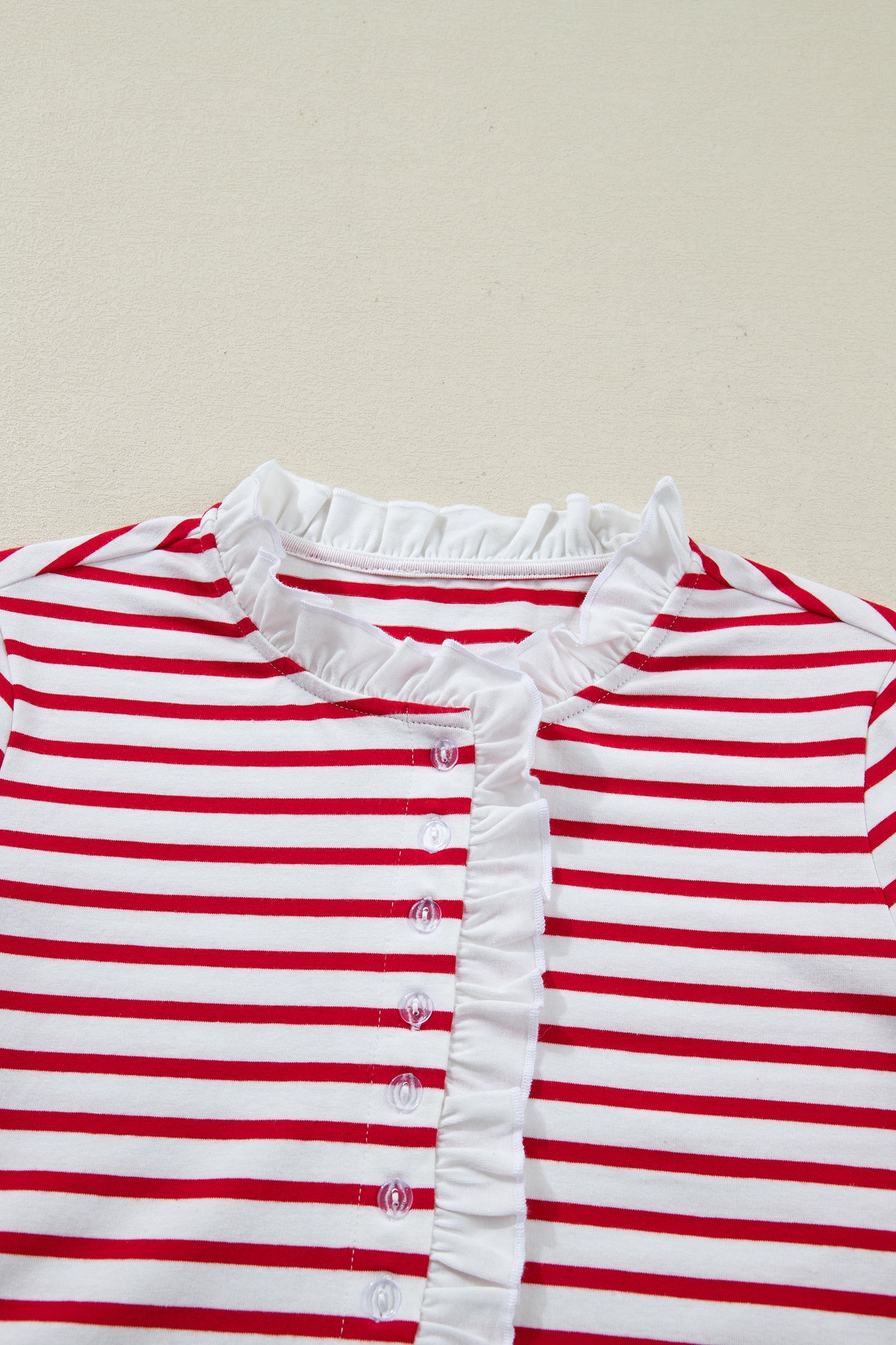 Red Stripe Contrast Frilled Trim Half Button Long Sleeve Top