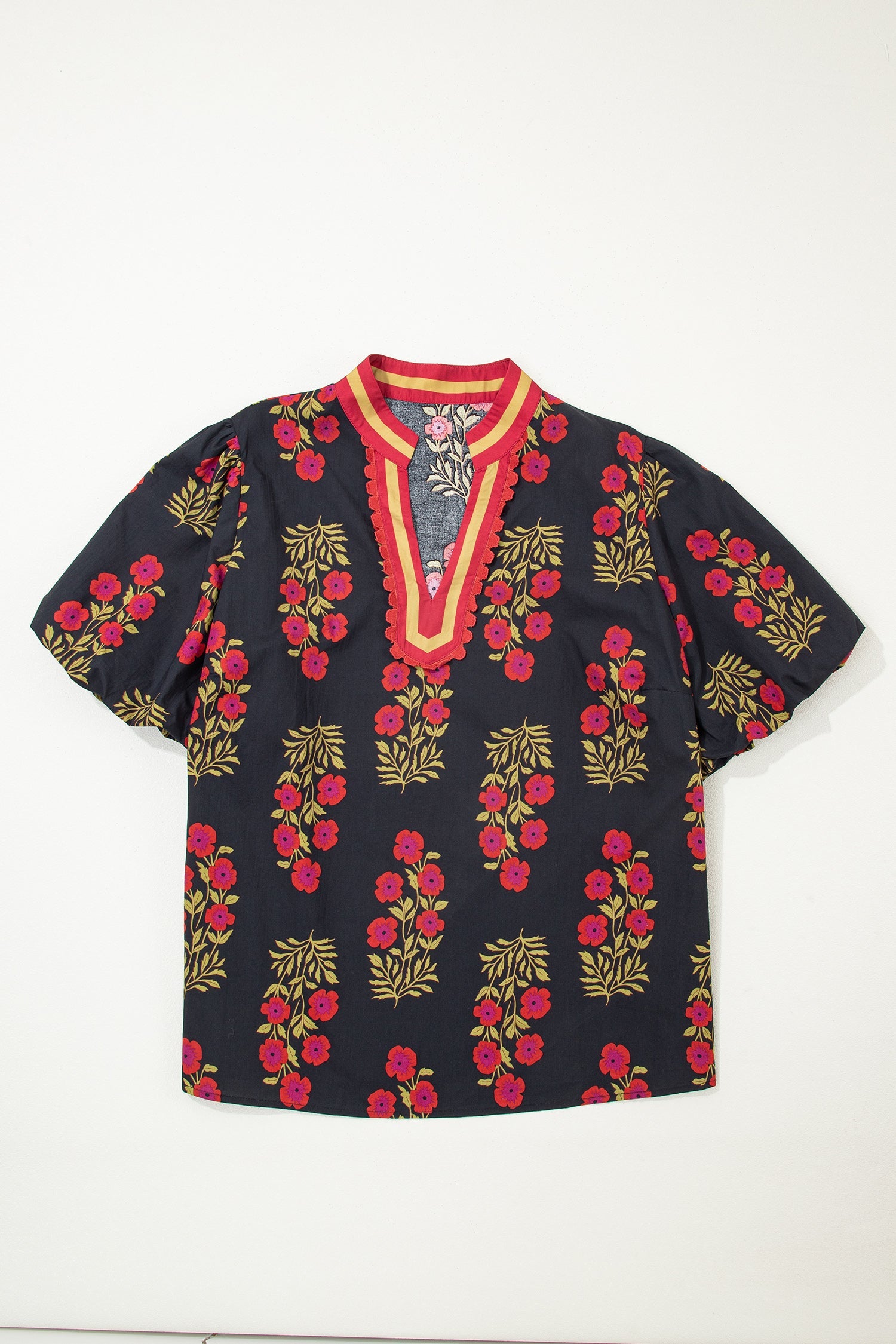 Black Plus Size Floral Print Ricrac Striped Trim Short Sleeve Cotton Blouse
