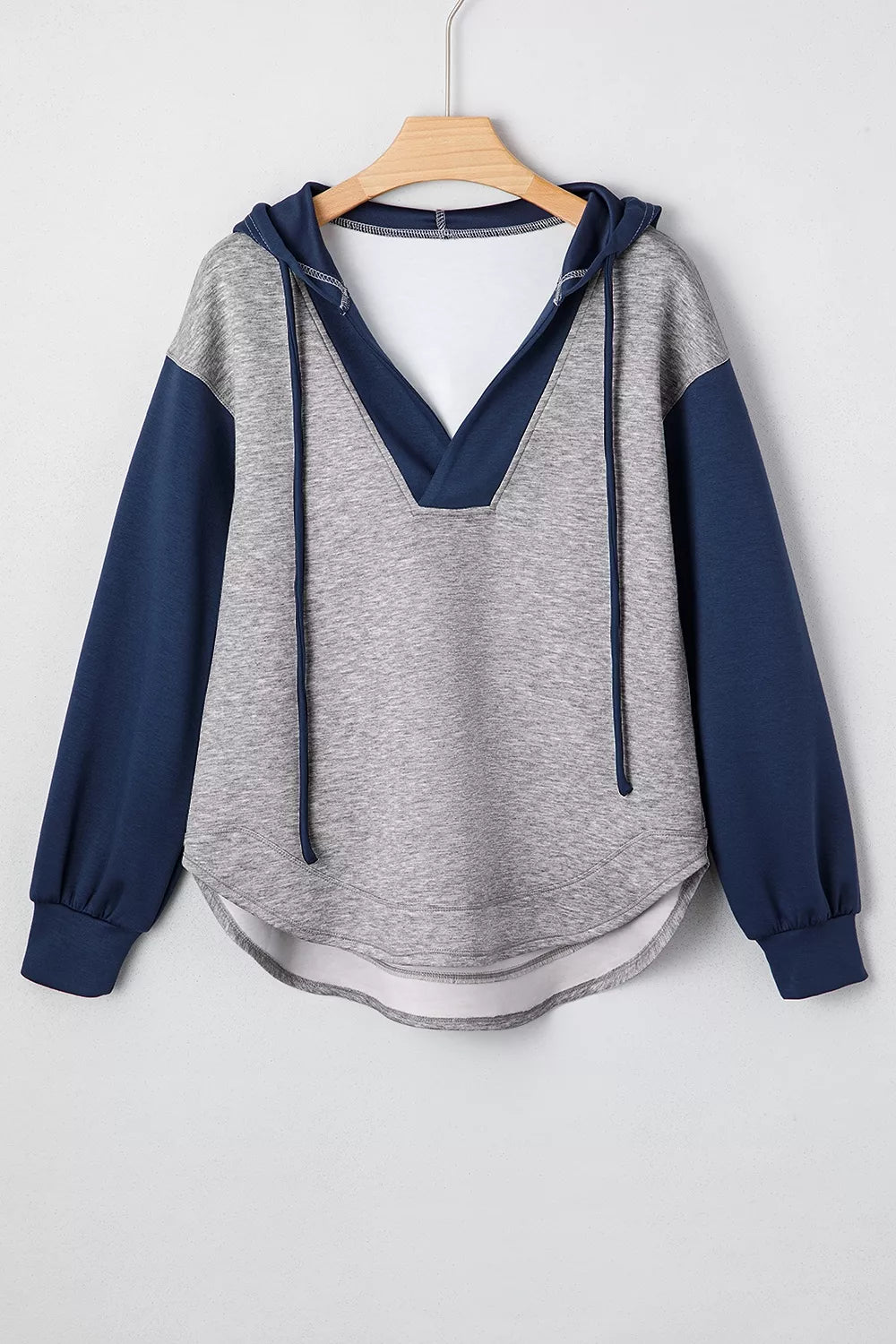 Color Block Patchwork V Neck Drawstring Hoodie