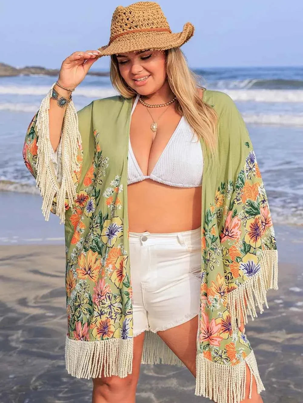 Fringe Open Front Cover-Up – Plus Size