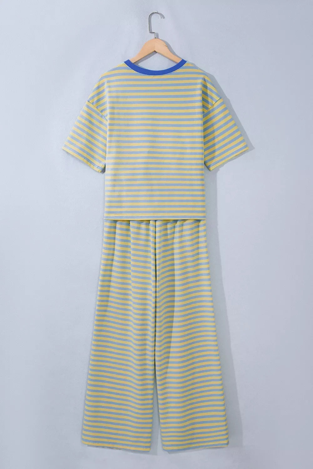Stripe Colorblock Trim Crew Neck Loose Tee Drawstring Elastic Waist 2pcs Pant Set