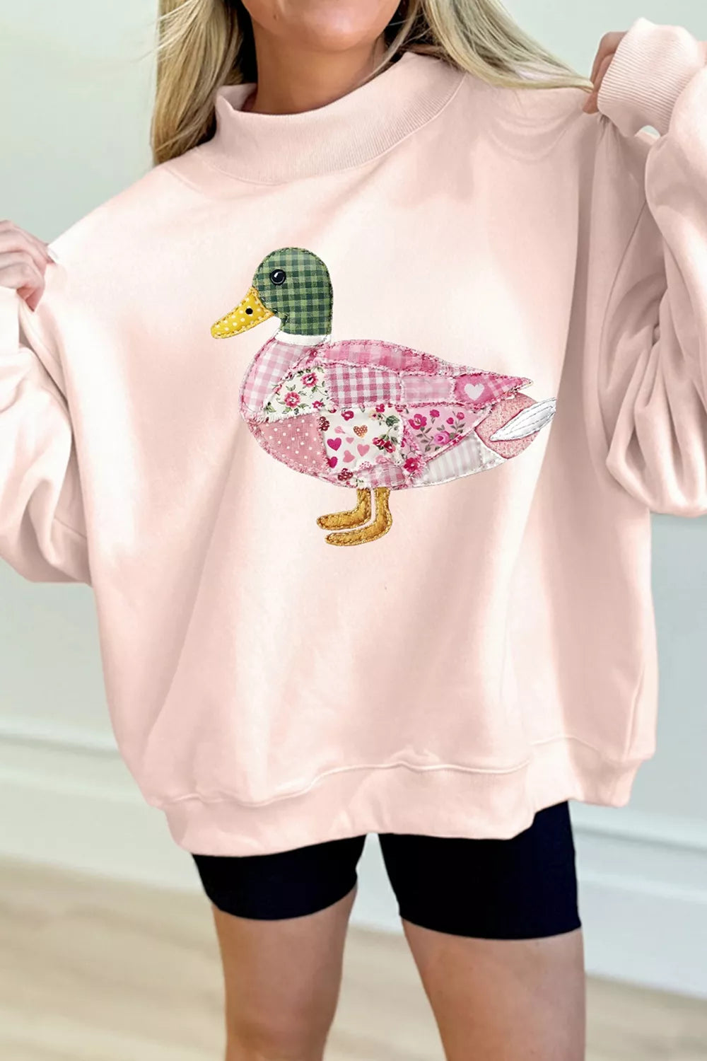 Patchwork Mallard Printed Graphic Mock Neck Pullover Sweatshirt