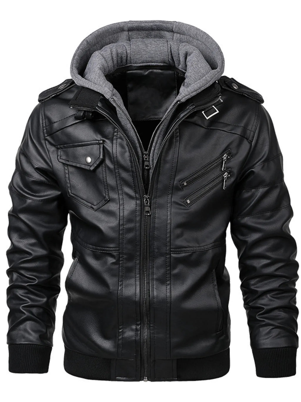 Men's Full Size Hooded Faux Leather Motorcycle Jacket Plus Size