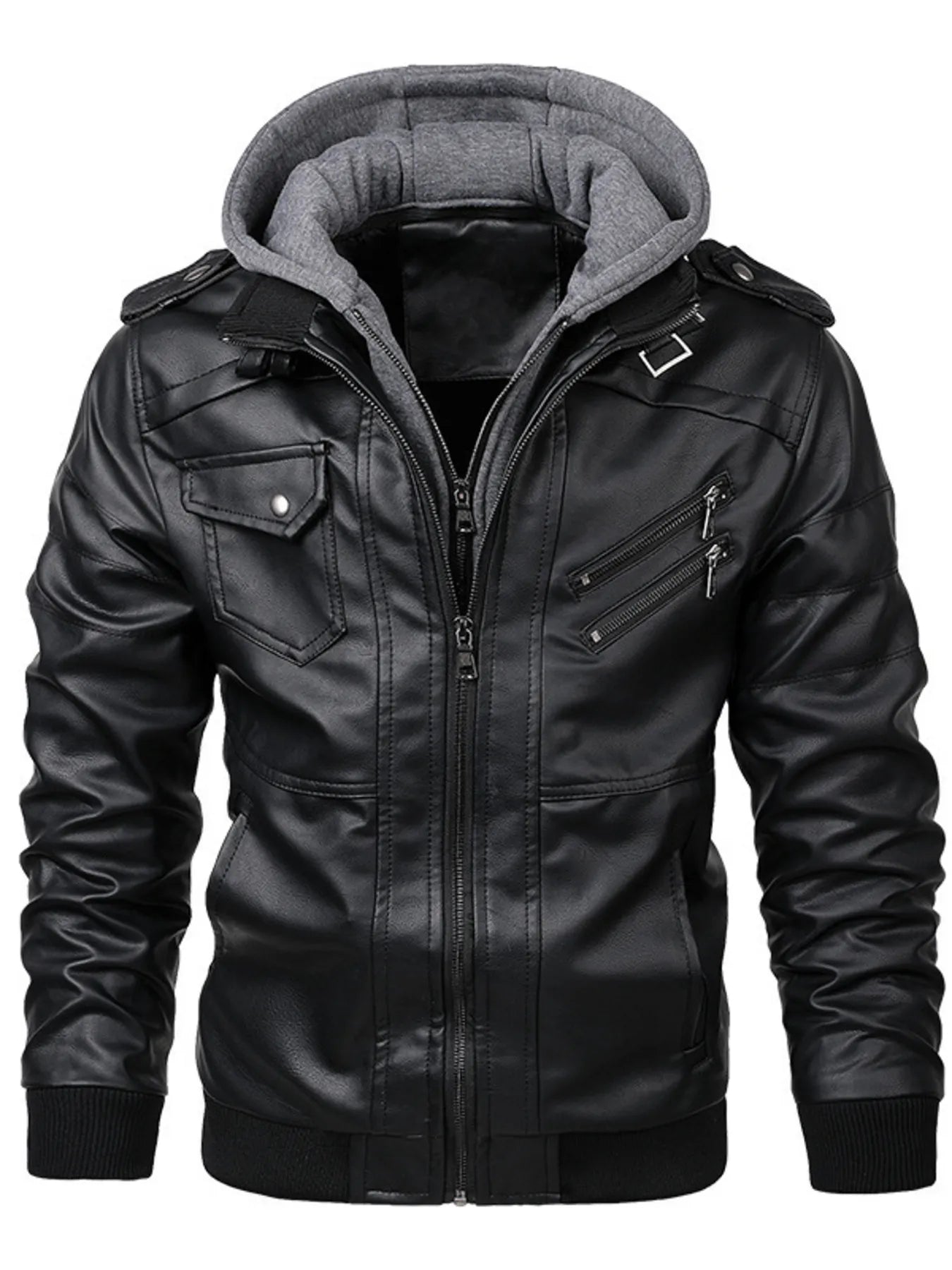 Men's Full Size Hooded Faux Leather Motorcycle Jacket Plus Size