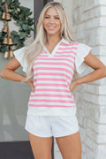 Pink Stripe Collar V Neck Ruffled Short Sleeve Blouse