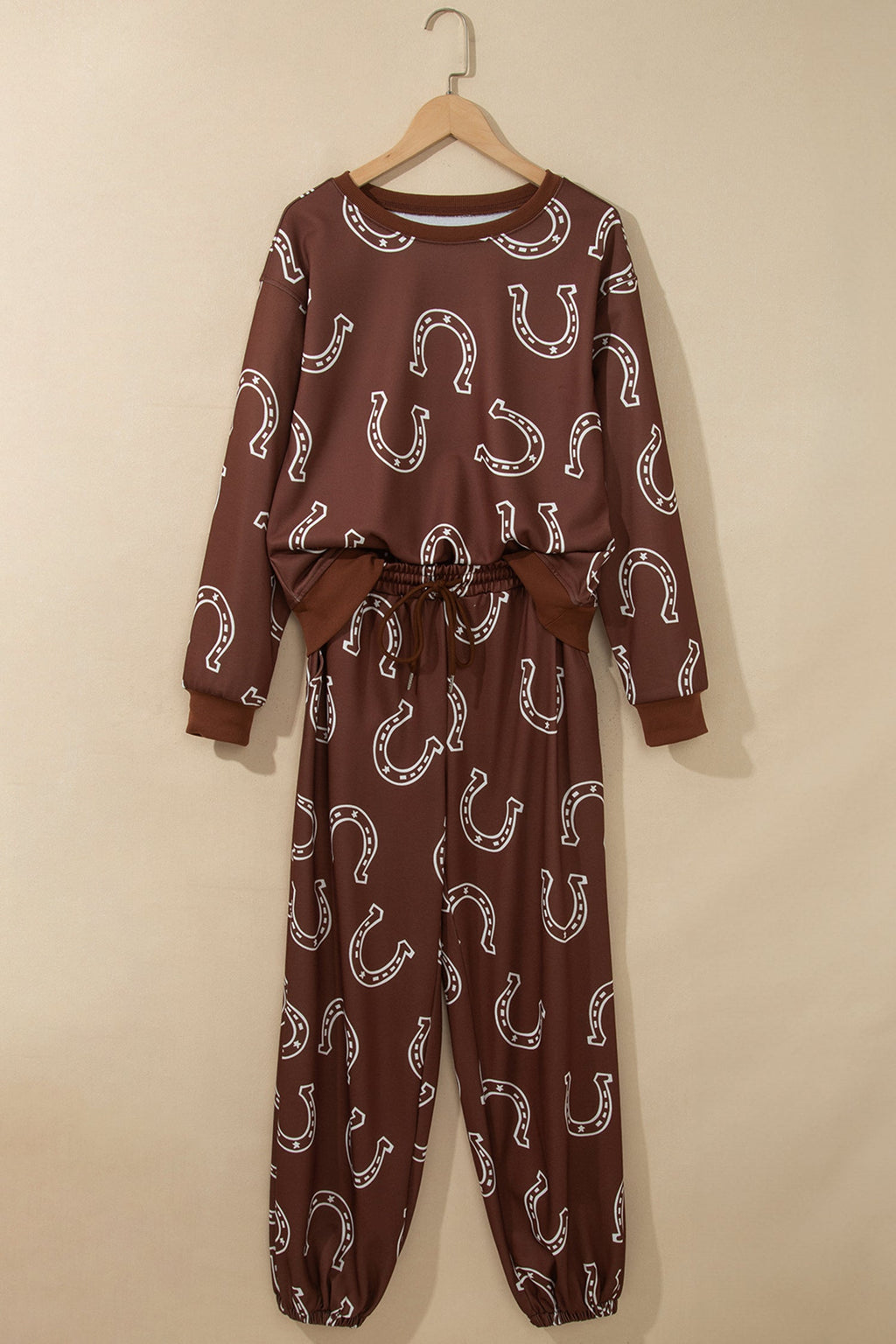 Brown Western Print Elastic Waist Pocket 2pcs Pant Set