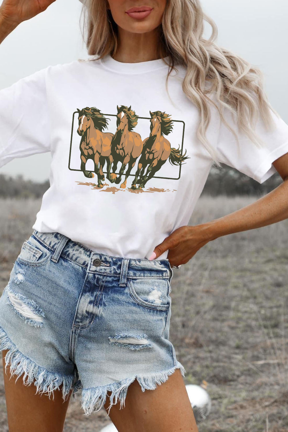 White Texas Horse Graphic Cuffed Sleeve Graphic T Shirt