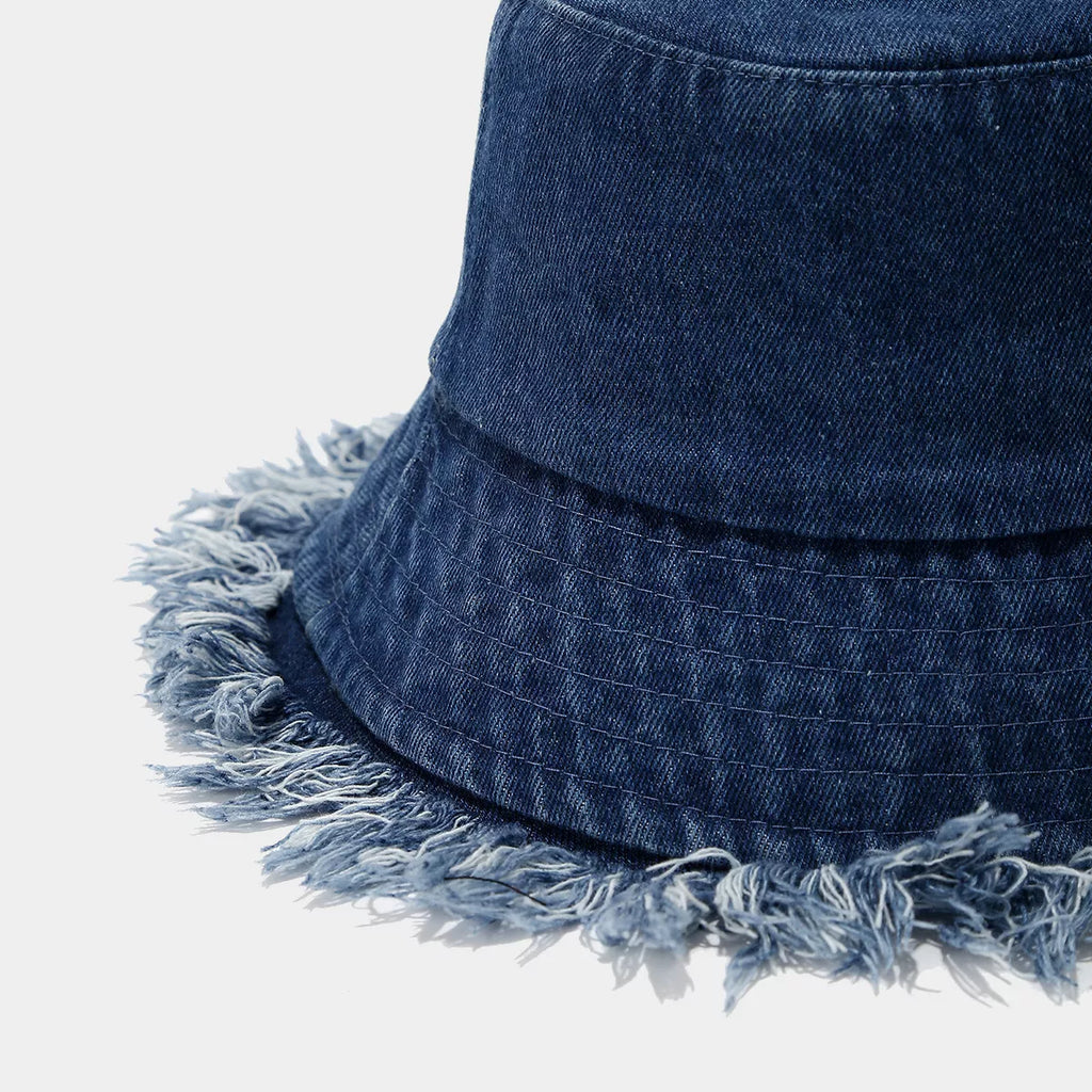 Vintage Washed Denim Bucket Hat with Frayed Raw Edge