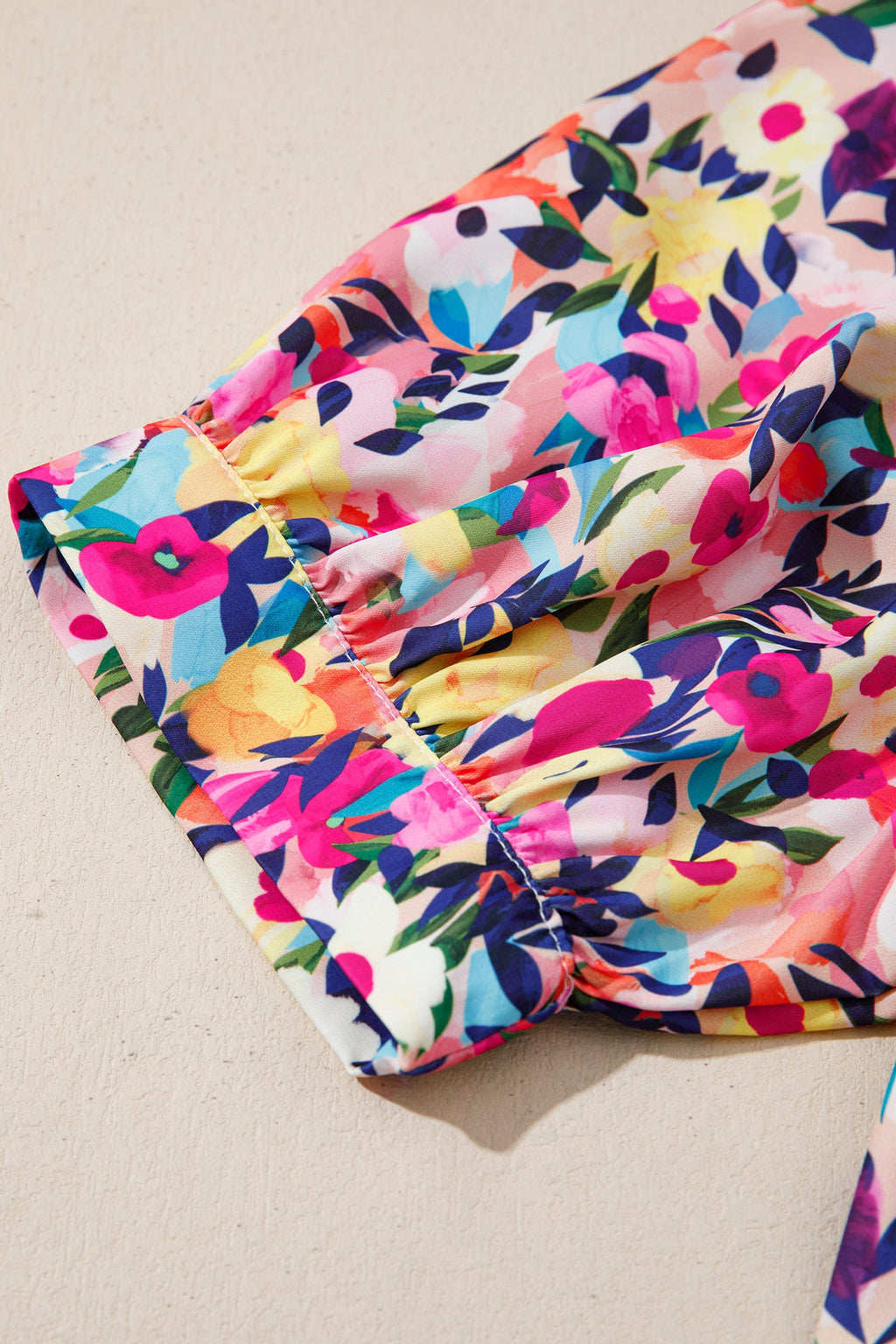 Pink Flower Print Frilled Collar Short Puff Sleeve Summer Blouse