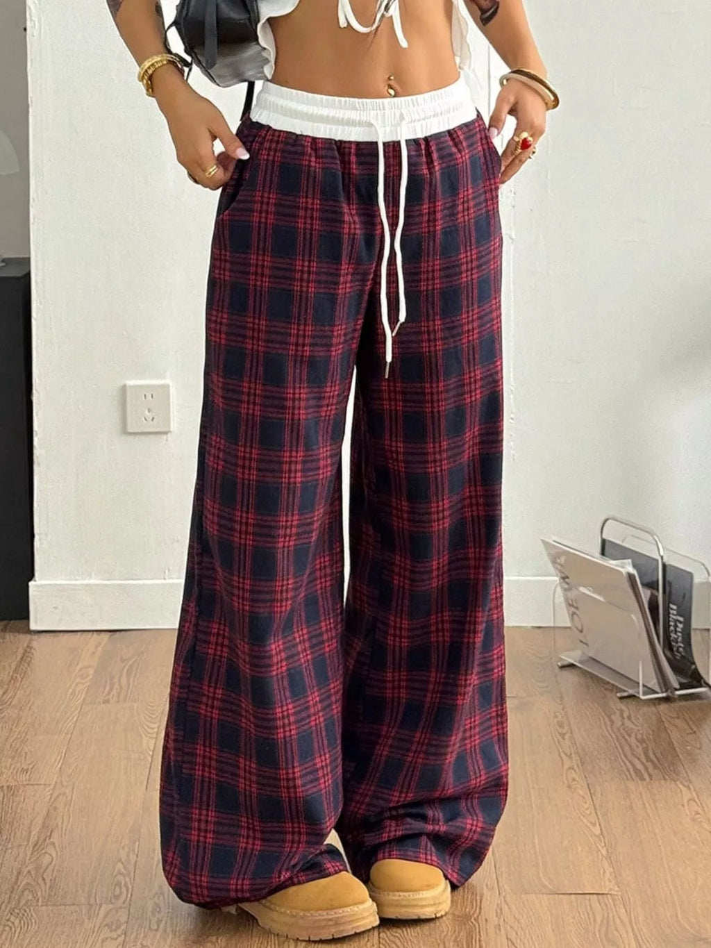 Plaid Wide-Leg Pants with Elastic Waistband