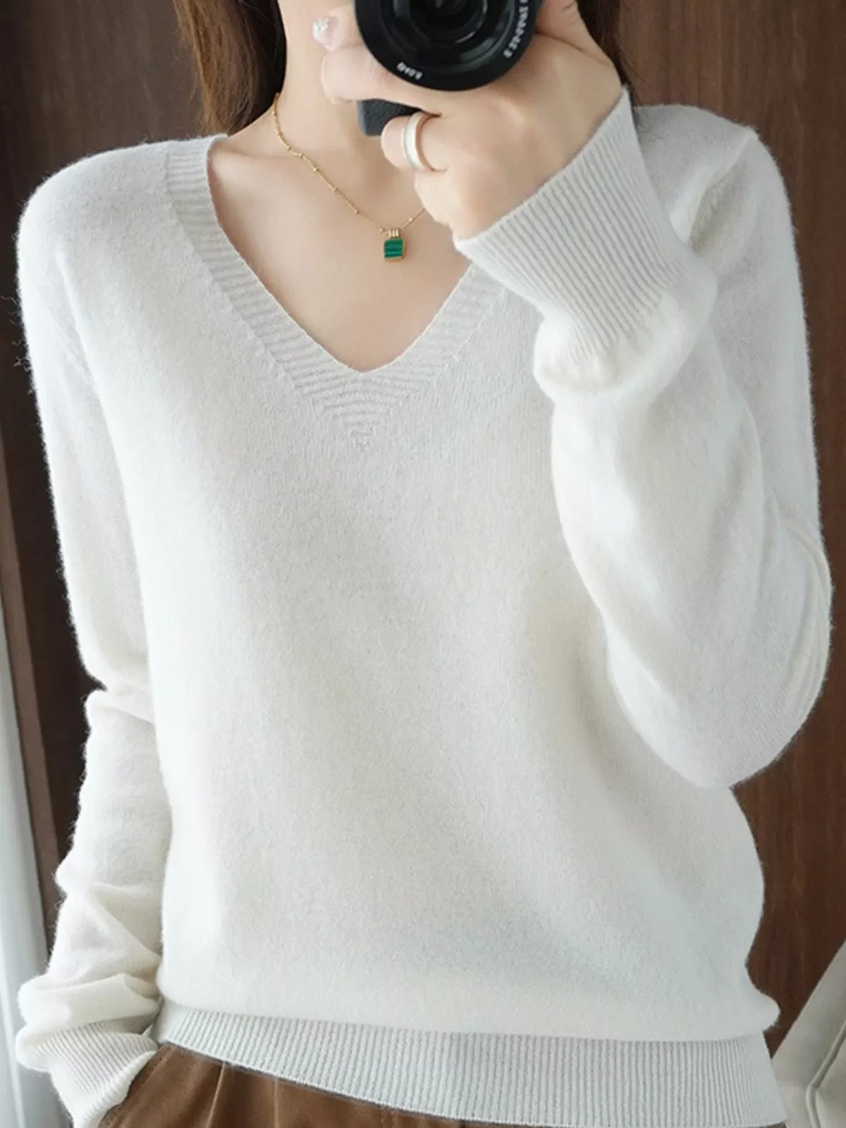 V-Neck Solid Color Sweater
