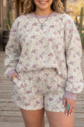 Green Camouflage Print Waffle Textured Pullover and Shorts Plus Size 2pcs Set
