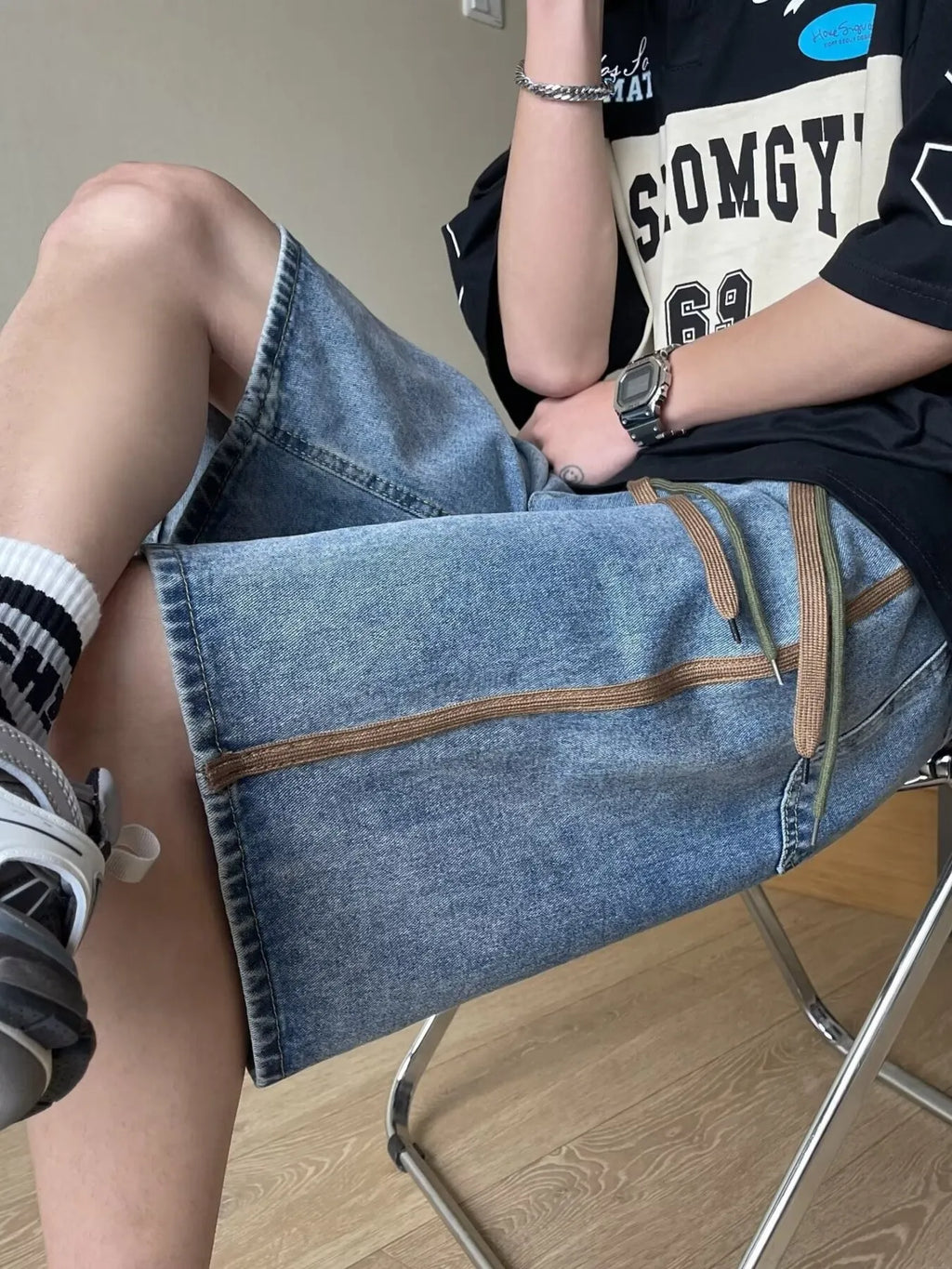 Men's Full Size Drawstring Wide-Leg Denim Shorts Plus Size
