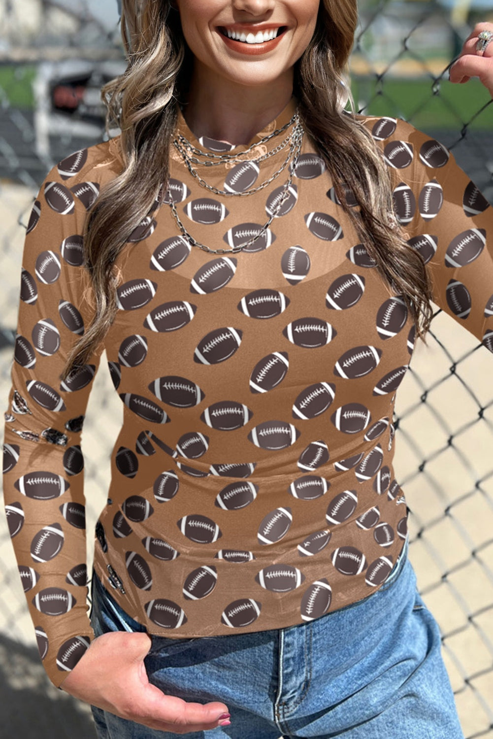 Brown Rugby Game Day Sheer Mesh Long Sleeve Top