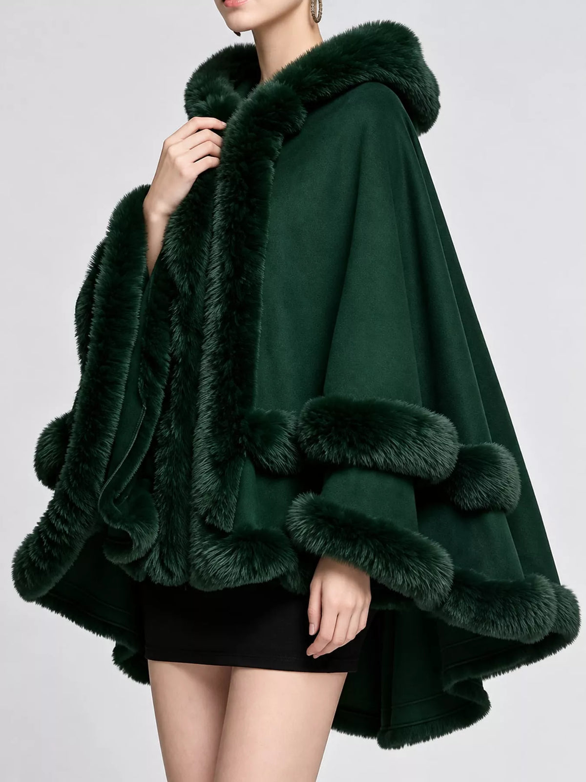 Faux Fur Trimmed Hooded Cape