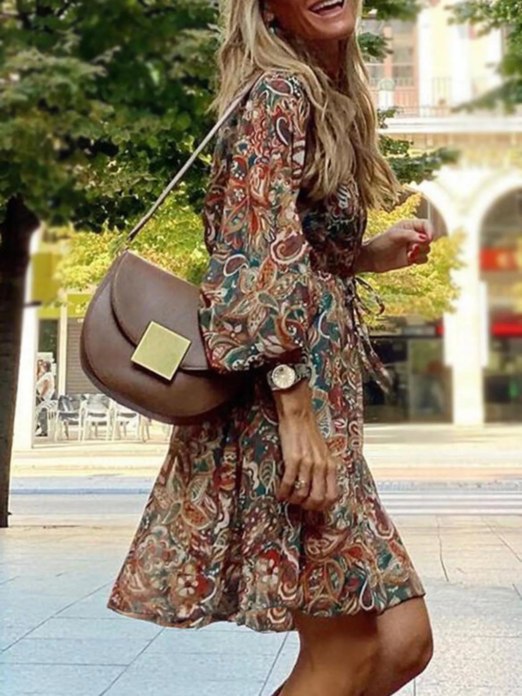 Full Size Paisley Print Long Sleeve Mini Dress Plus Size