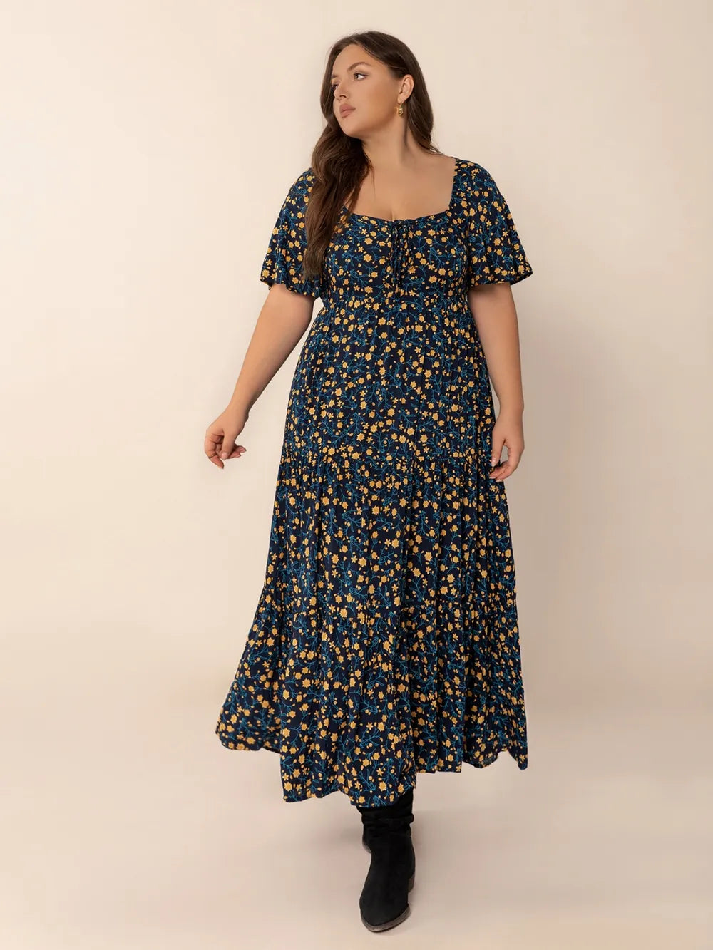 Printed Short Sleeve Slit Tiered Maxi Dress