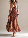 Floral Print Spaghetti Strap Maxi Dress with High Slit