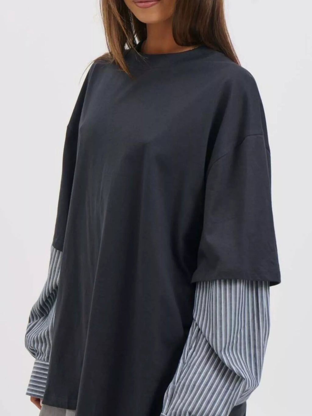 Oversized Layered-Look T-Shirt with Striped Sleeves