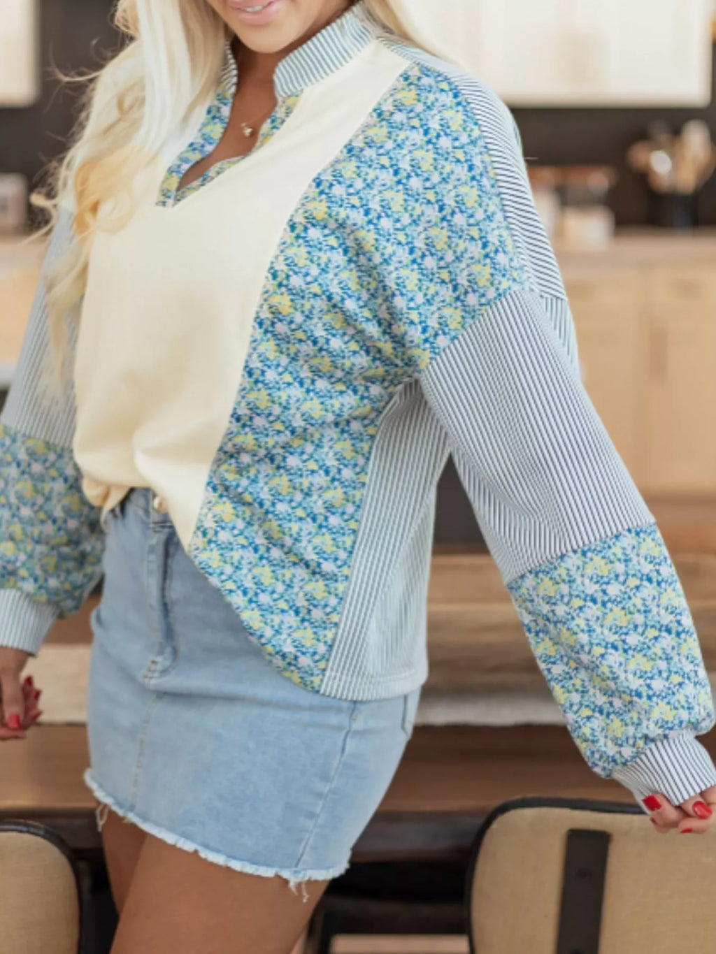 Floral Striped Drop Sleeve Collared Boxy Fit Sweatshirt