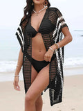 Open Front Contrast Openwork Short Sleeve Cover-Up