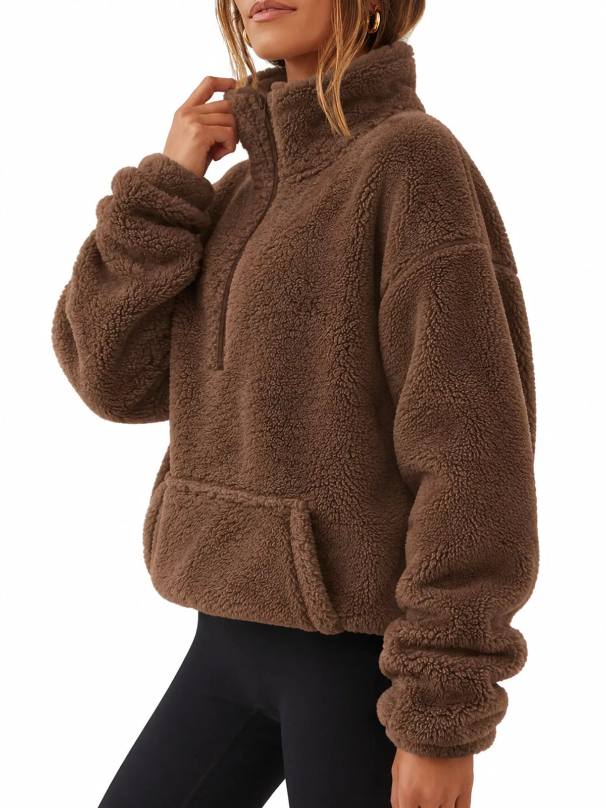 Full Size Sherpa Quarter-Zip Turtleneck Sweatshirt Plus Size