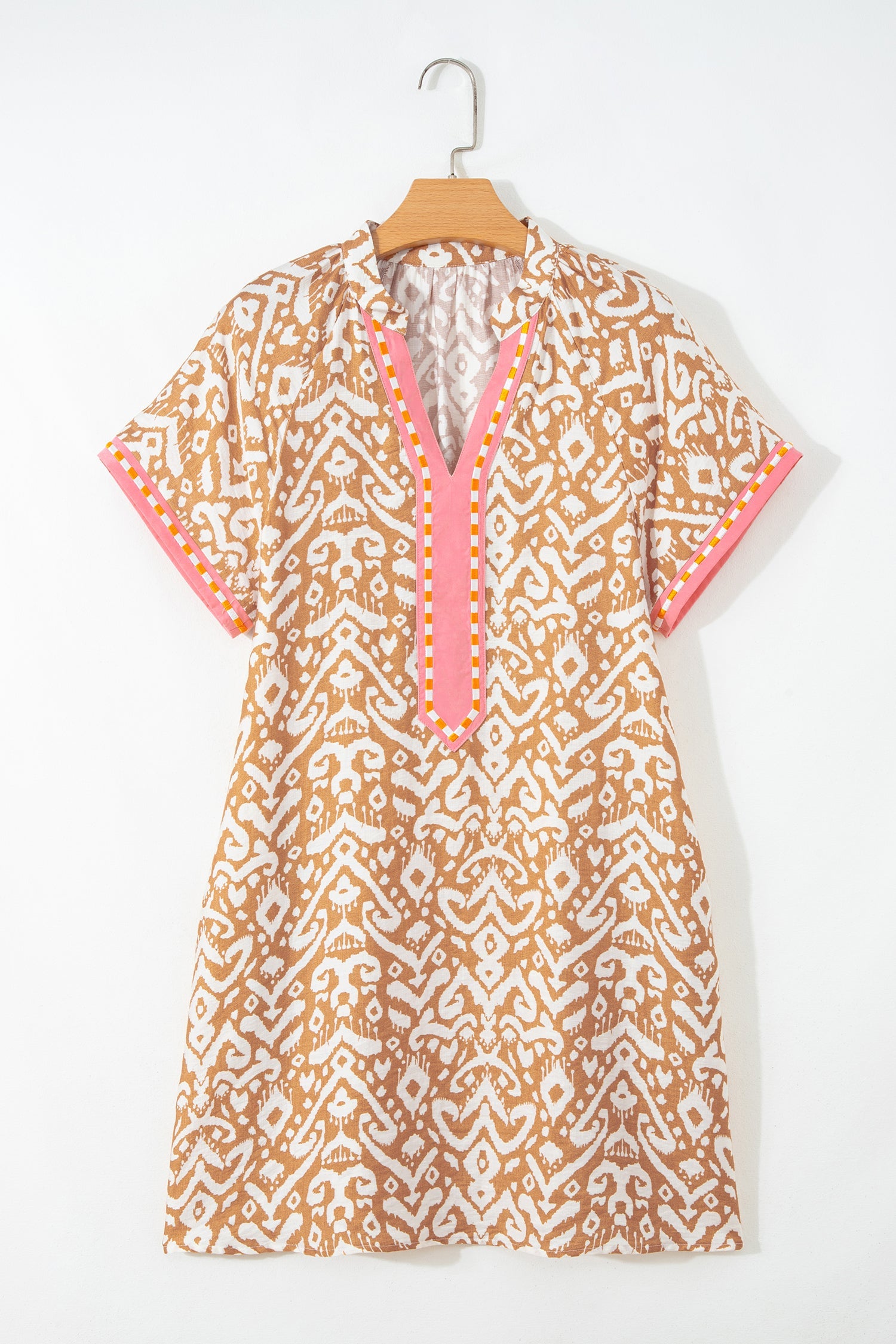 Khaki Western Fashion Print Striped Color Block Patchwork Shift Mini Dress