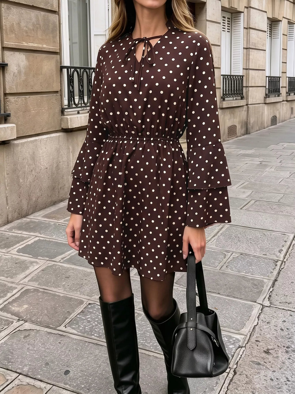 Polka Dot Flare Sleeve Tie Neck Dress